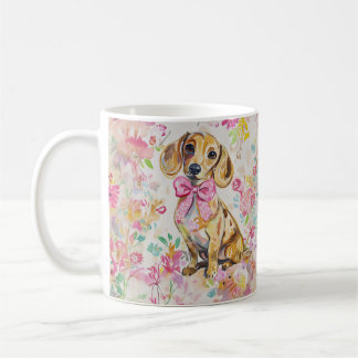 Caneca de Café Dachshund em Aquarela com Florais R
