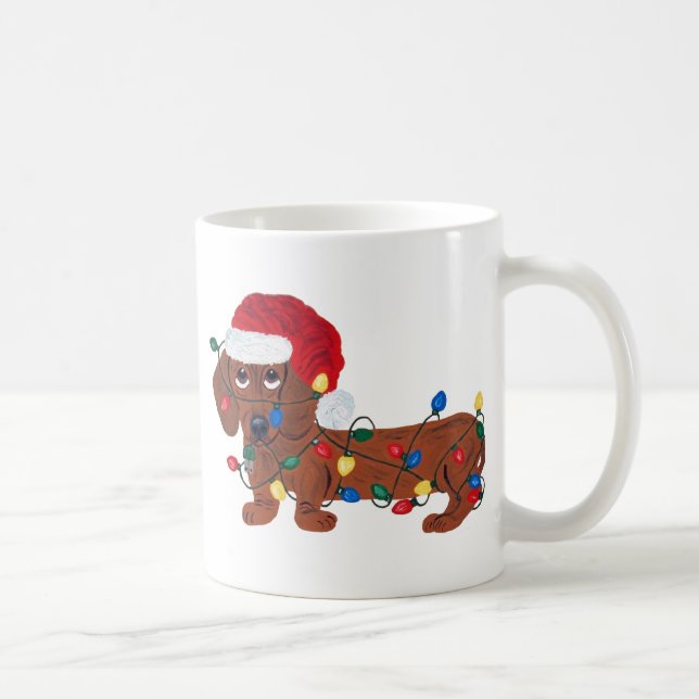 Caneca De Café Dachshund Enroscado Em Luzes De Natal  (Direita)
