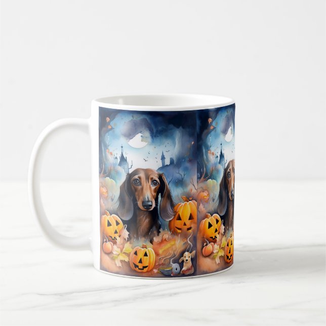 Caneca De Café Dachshund Halloween Com Pumpkins Assustado (Esquerda)