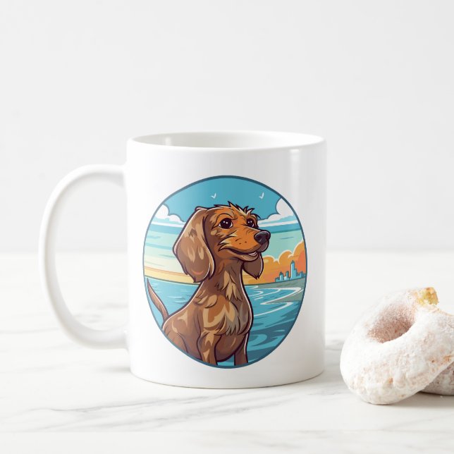Caneca De Café Dachshund na praia (Com Donut)