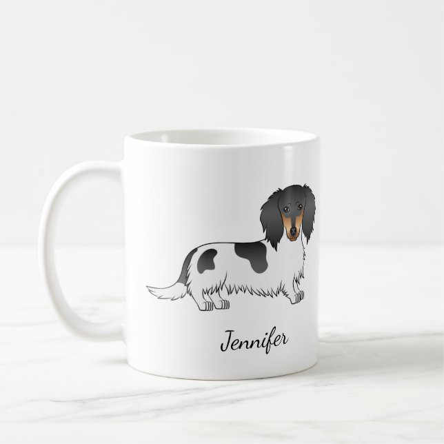 Caneca De Café Dachshund Piebald Preto e Castanho de Pelo Longo & (Esquerda)