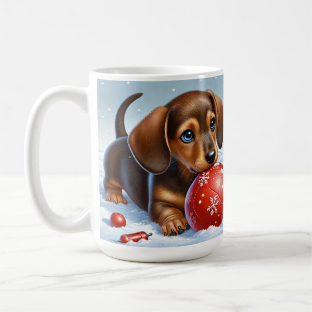 Caneca De Café Dachshund Puppy Adorável Brincando Com Bola Vermel (Esquerda)