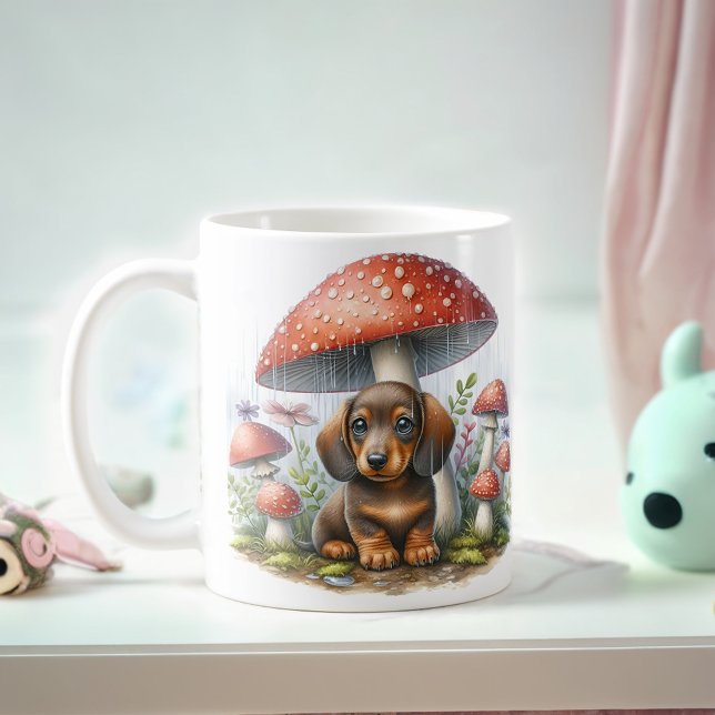 Caneca De Café Dachshund Puppy Adorável Sob Guarda-chuvas (Criador carregado)