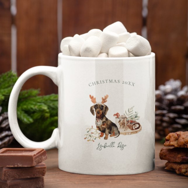 Caneca De Café Dachshund Rena | Monograma de Natal (Criador carregado)