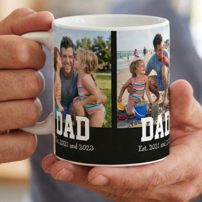 Caneca De Café Dad Est. Bold Black Font 3 Photo Fathers Day Gift (Criador carregado)