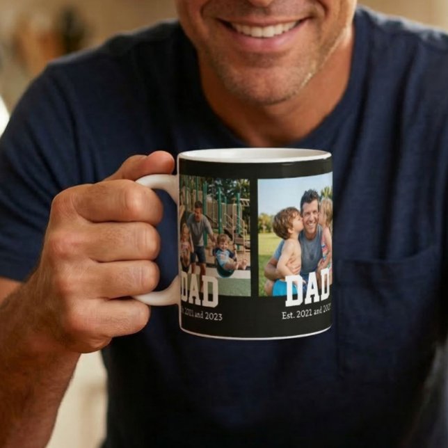 Caneca De Café Dad Est. Bold Black Font 3 Photo Fathers Day Gift (Criador carregado)