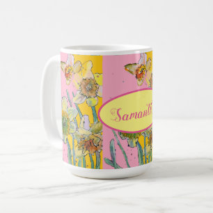 Caneca De Café Daffodil Painting Watercolor Amarelo Flor rosa