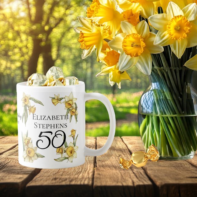 Caneca De Café Daffodils Amarelos Elegantes Floral 50º Aniversári (Elegant Yellow Daffodils Floral "50" 50th Birthday Keepsake Coffee Mug)