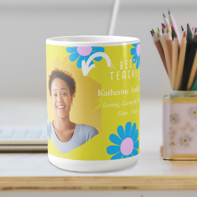 Caneca De Café Daisy Best Teacher Photo Yellow (Daisy best Teacher Bright Yellow Coffee Mug.)