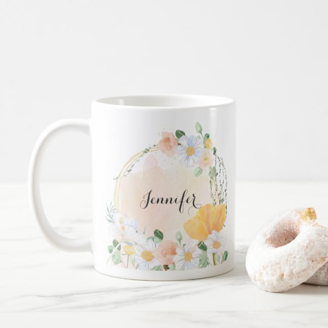 Caneca De Café Daisy Floral e Tulipas - Mug Personalizado (Com Donut)