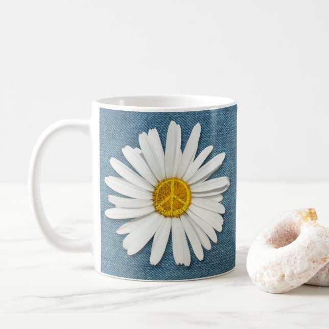 Caneca De Café Daisy Flower Inner Símbolo de Paz Hippie Denim (Com Donut)