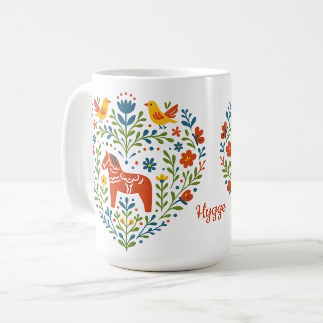 Caneca De Café Dala Horse Folk Art Hygge Heart Pattern Mug (Frente Esquerda)