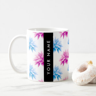Caneca De Café Dália Rosa e Azul, Padrão Floral, Seu Nome