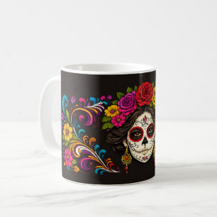 Caneca De Café Dama Caveira de Açúcar Arte em Linha Branca Góti