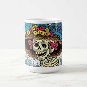 Caneca De Café Dama de Crânio Açucarado com Chapéu Floral de Sol