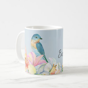 Caneca De Café Dama de honra floral azul aquarela oriental