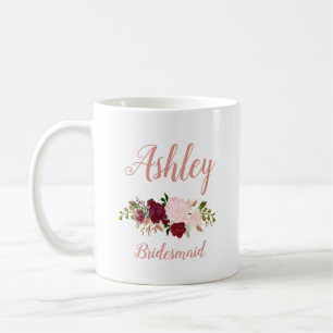 Caneca De Café Dama de honra floral rosa marsala personalizada