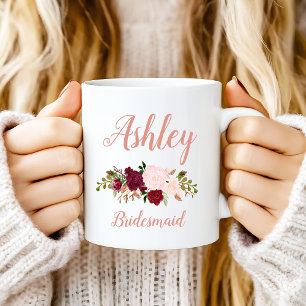 Caneca De Café Dama de honra floral rosa marsala personalizada
