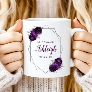 Caneca De Café Dama de Honra Moldura Geométrica Prateada Floral R