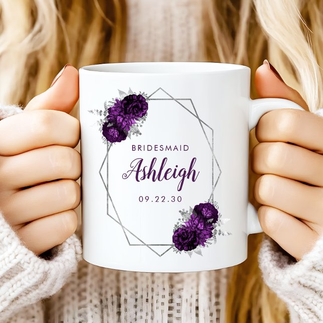 Caneca De Café Dama de Honra Moldura Geométrica Prateada Floral R (Criador carregado)