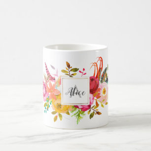 Caneca De Café Dama de honra Monograma Aquarela Boho Flores Rosa