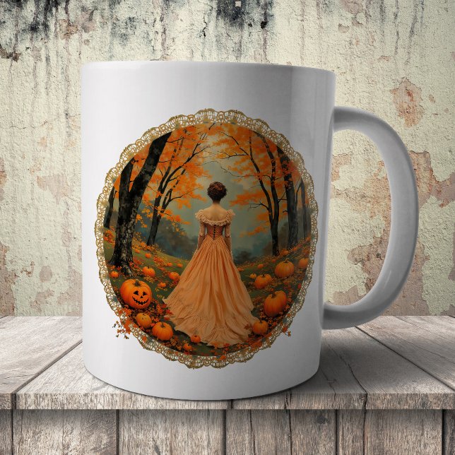 Caneca De Café Dama de Outono em Renda de Floresta de Abóbora (Criador carregado)