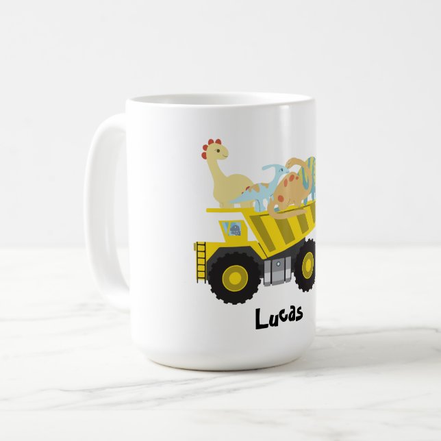 Caneca De Café Dama de trator de dinossauro bonito azul DIY NAme (Frente Esquerda)