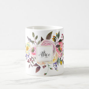 Caneca De Café Damas de honra Monograma Flores Aquarela Rosa Past