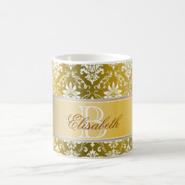 Caneca De Café Damasco amarelo do monograma e branco dourado