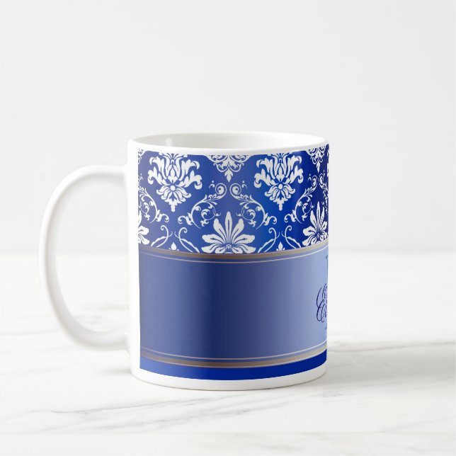 Caneca De Café Damasco azul e branco do monograma (Esquerda)