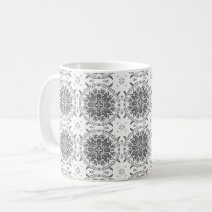 Caneca De Café Damasco de ornamento de folclore branco e cinza