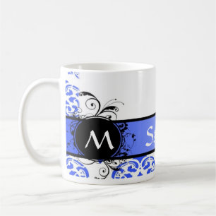 Caneca De Café Damasco e monograma azuis