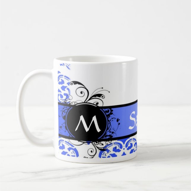Caneca De Café Damasco e monograma azuis (Esquerda)