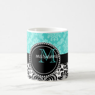 Caneca De Café Damasco elegante do preto do Aqua personalizado