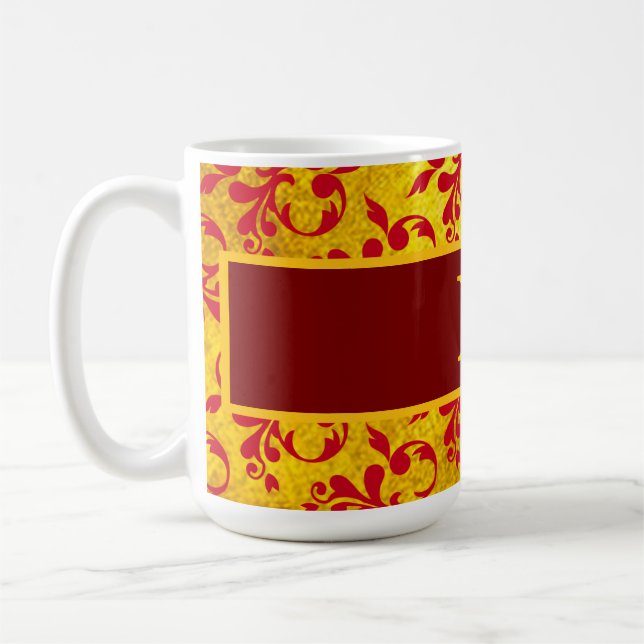 Caneca De Café Damasco vermelho elegante e textura Dourada (Esquerda)
