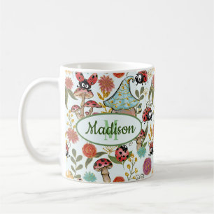 Caneca De Café Damibugs Brancos Cogumelos Flores Monograma