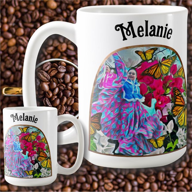 Caneca De Café Dançando com Flores & Borboletas PV01 (Criador carregado)