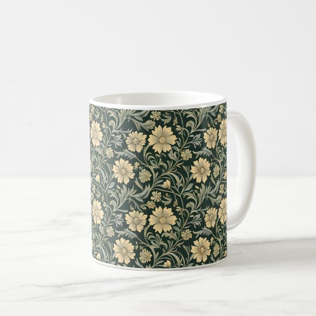 Caneca De Café Dark green stylized yellow flowers  pattern  (Frente Esquerda)