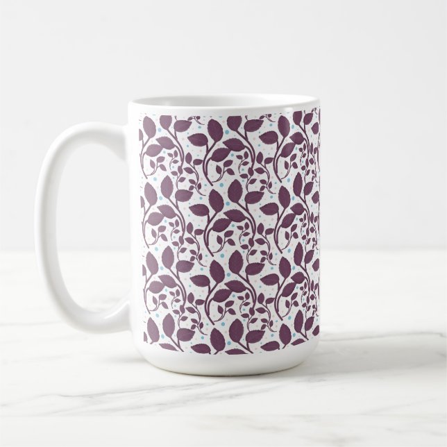 Caneca De Café Dark Purple Leaf Pattern, Elegant Botanical Print, (Esquerda)