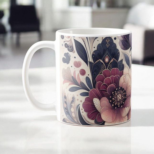 Caneca De Café Dark Romance Burgundy Art Deco Floral Summer (Criador carregado)