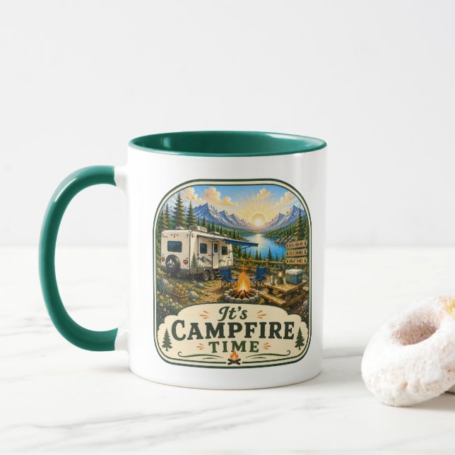 Caneca de Café de Acampamento - É Hora da Fogueira (Com Donut)