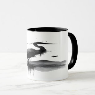 Caneca de Café de Arte Zen com Grou Sumi-e Japonês