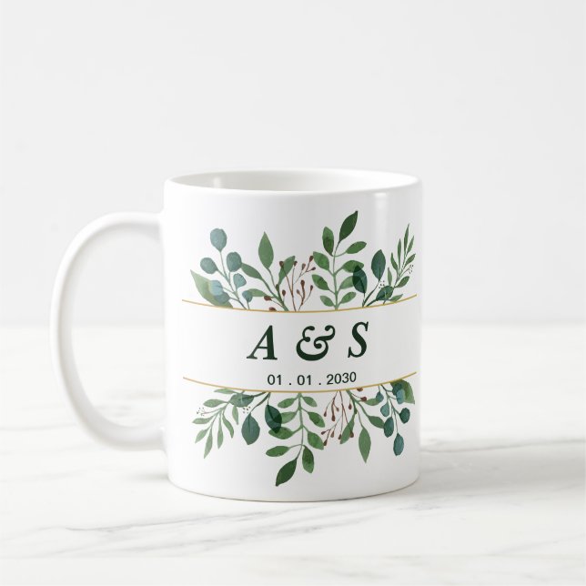 Caneca de Café de Casamento Floral Verde Branco (Esquerda)