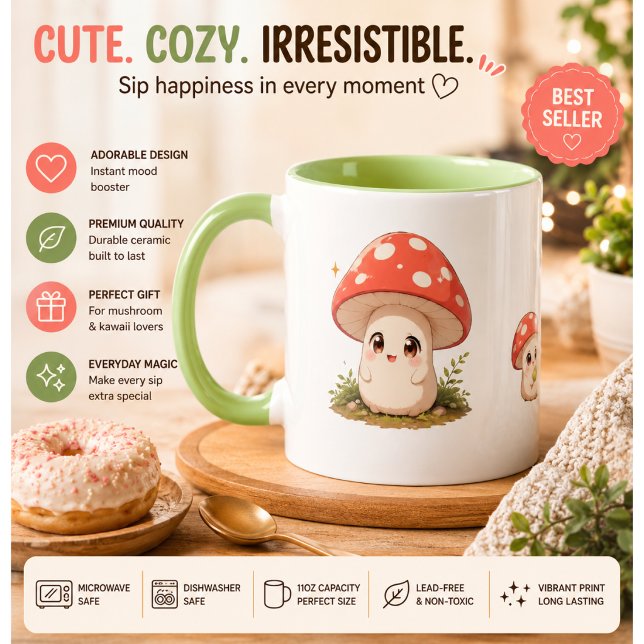 Caneca de Café de Cogumelo Kawaii Fofo – Madeira C (Criador carregado)