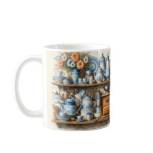 Caneca de Café de Cozinha Azul e Branco Vintage