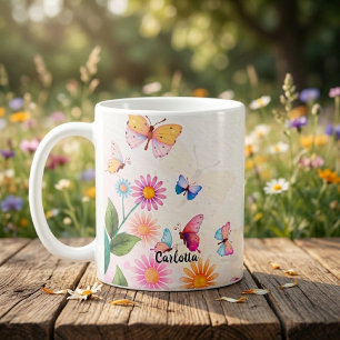 Caneca de Café de Flor Silvestre e Borboletas Vint