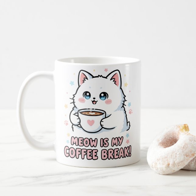 Caneca de Café de Gato Branco Kawaii (Com Donut)