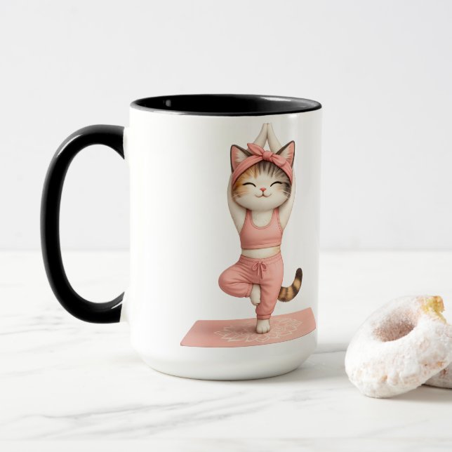 Caneca de Café de Gato de Yoga Fofo com Donut (Com Donut)