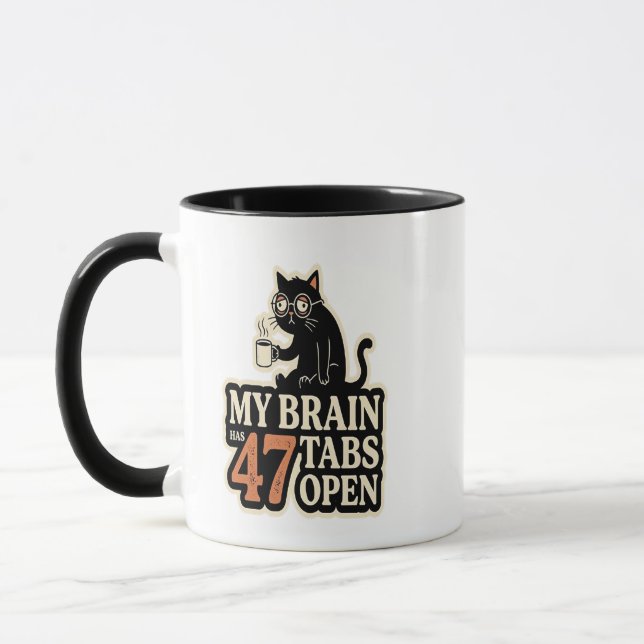 Caneca de Café de Gato Divertido Carregando Cérebr (Esquerda)