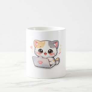 Caneca de Café de Gato Kawaii Fofo Trabalhando em 